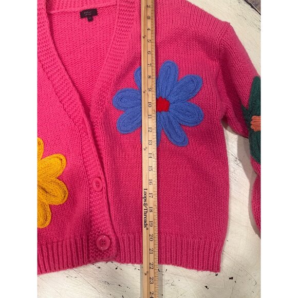 Colorful Knit Cardigan With Flower Appliques By Debut M/L Bright Pink Spring - Picture 6 of 7